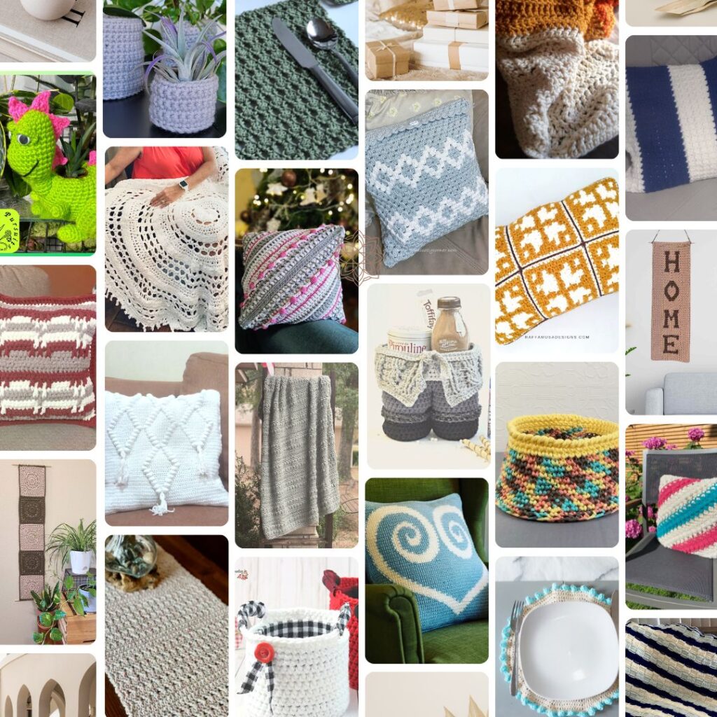 collage of crochet home décor items