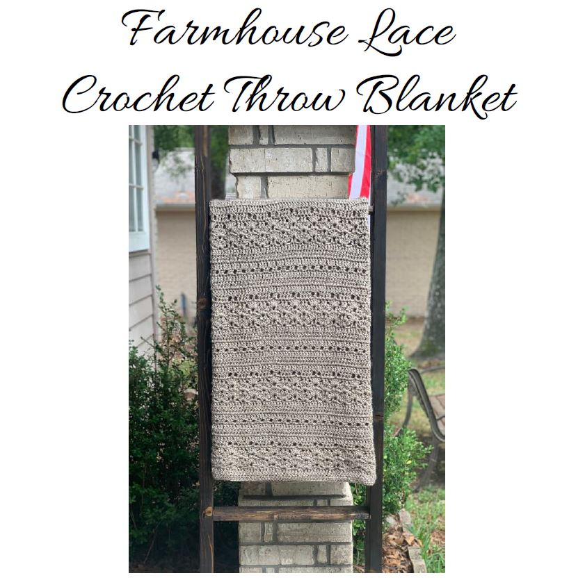 Farmhouse Lace Crochet Throw blanket, tan blanket on blanket ladder on front porch