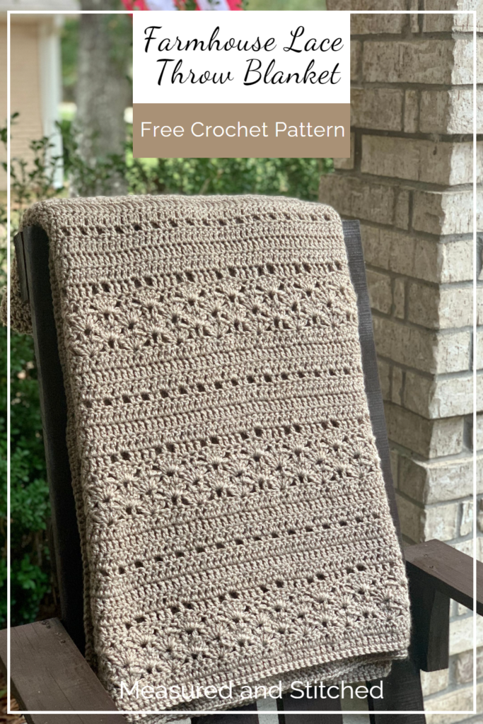 Crochet Blanket on back of chair, overlay text says "Farmhouse Lace Throw Blanket, Free Crochet Pattern, Measured and Stitched"