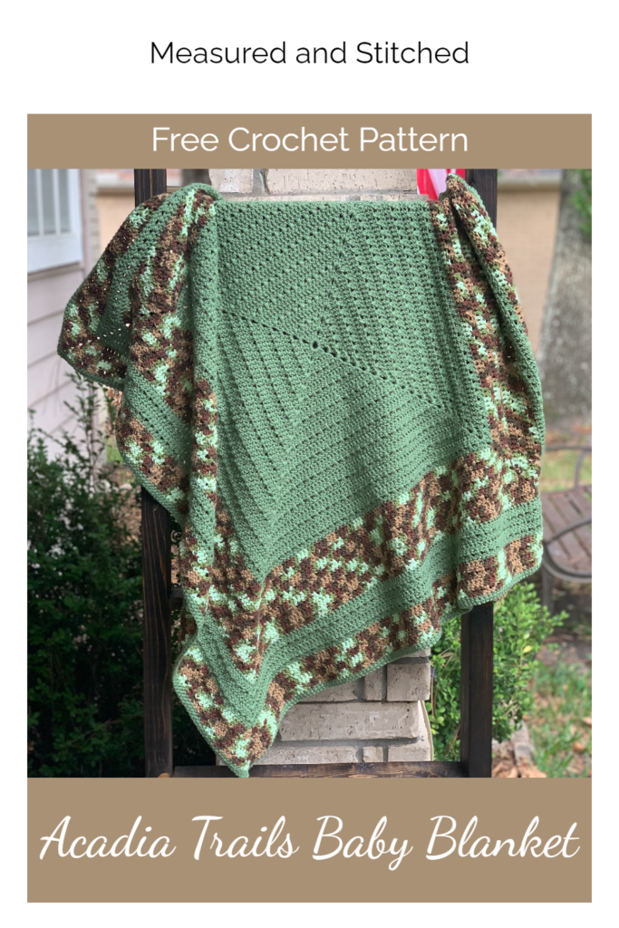square crochet baby blanket on blanket ladder, overlay text says "Free Crochet Pattern, Acadia Trails Baby Blanket"