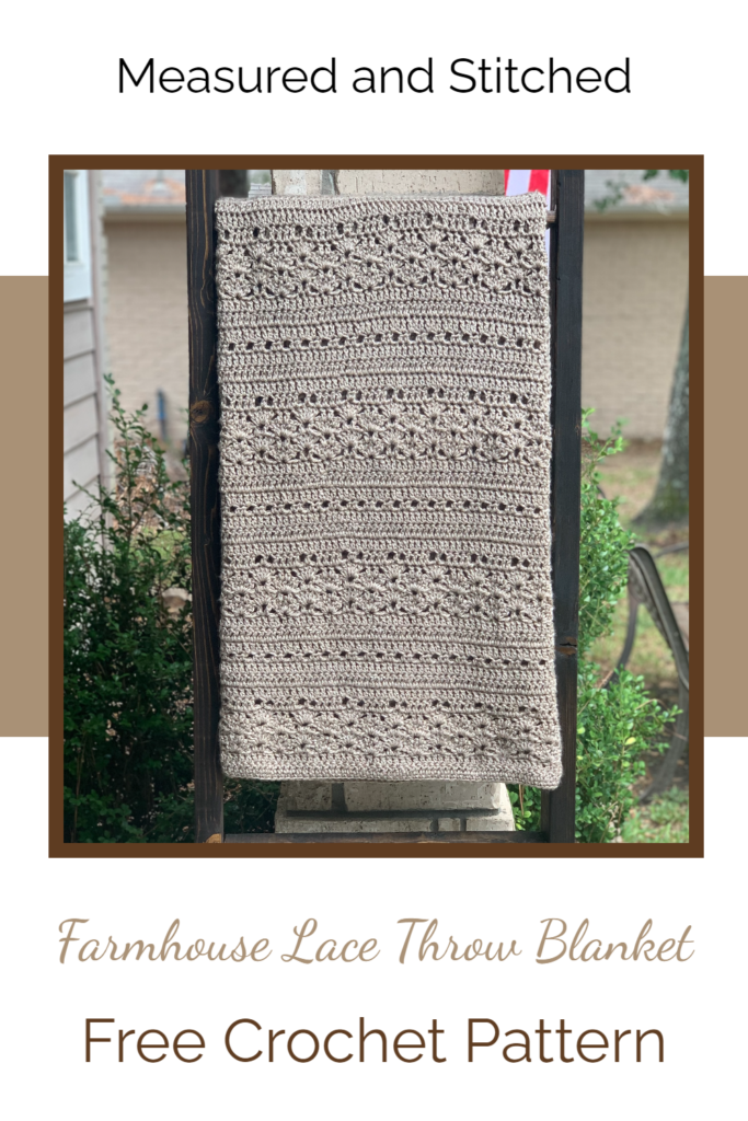 farmhouse style crochet throw blanket with overlay text "Farmhouse Lace Throw Blanket, Free Crochet Pattern"