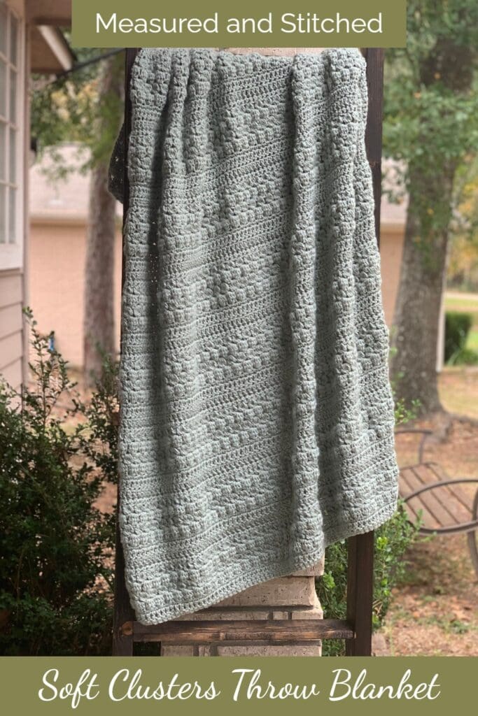 Throw blanket on blanket ladder, overlay text says "Measured and Stitched, Soft Clusters Throw Blanket"