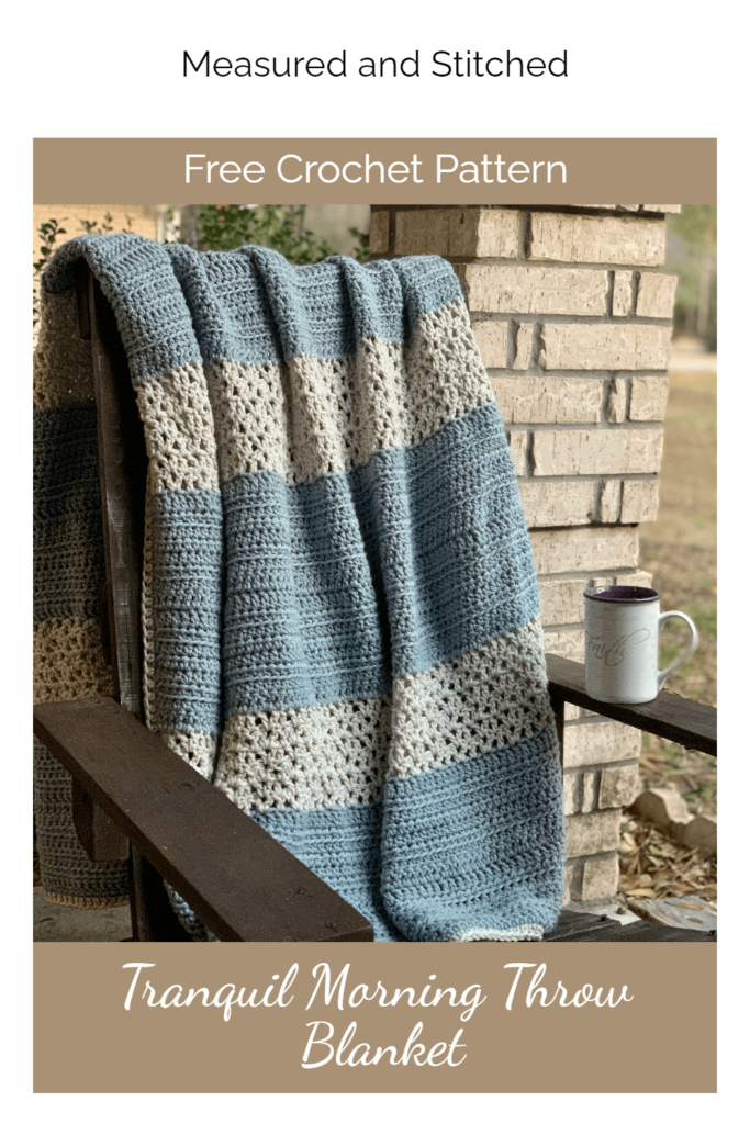 blue and gray lacy crochet throw blanket on chair with coffee cup, overlay text says "Free Crochet Pattern, Tranquil Morning Throw Blanket"