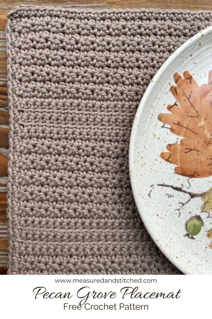 rectangle crochet placemat with plate, www.measuredandstitched.com, Pecan Grove Placemat, Free Crochet Pattern