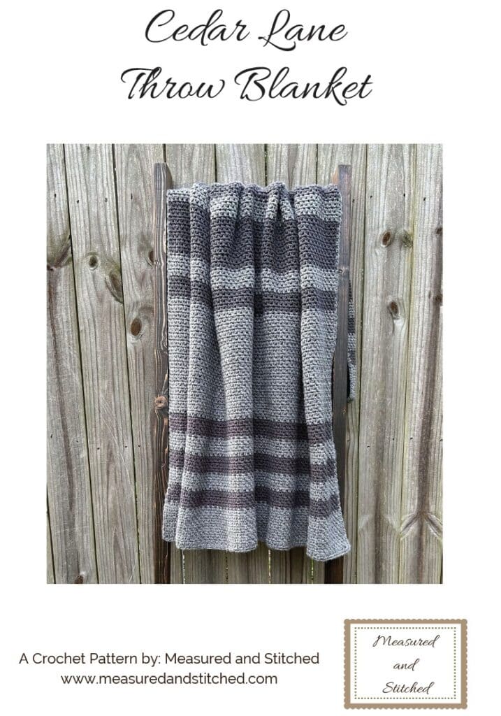 Cedar Lane Throw Blanket, striped gray blanket on blanket ladder leaned against wooden fence, a crochet pattern by Measured and Stitched, www.measuredandstitched.com