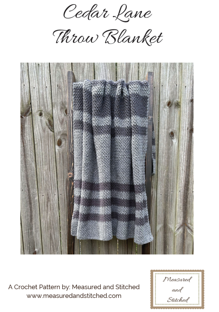 Cedar Lane Throw Blanket, striped gray blanket on blanket ladder leaned against wooden fence, a crochet pattern by Measured and Stitched, www.measuredandstitched.com
