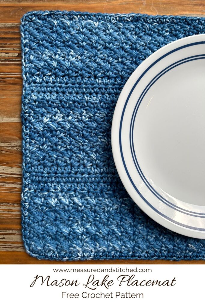 blue placemat with blue and white plate, www.measuredandstitched.com, Mason Lake Placemat, Free Crochet Pattern
