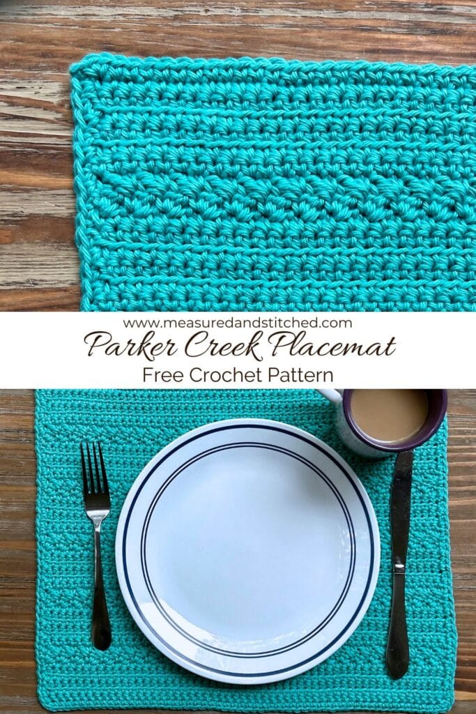www.measuredandstitched.com, Parker Creek Placemat, Free Crochet Pattern

Breakfast place setting on teal placemat