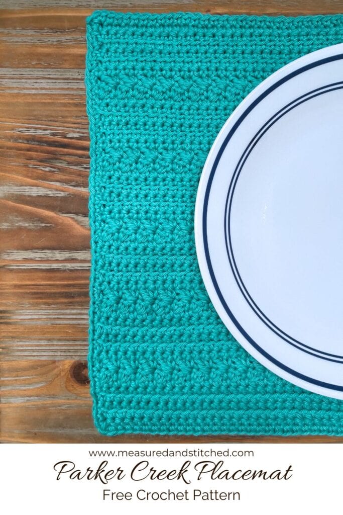 www.measuredandstitched.com, Parker Creek Placemat, Free Crochet Pattern

Blue and white plate on teal placemat
