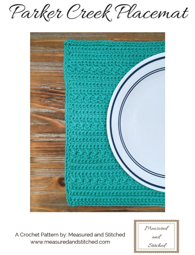 Parker Creek Placemat, A crochet pattern by Measured and Stitched

white and blue plate on teal placemat