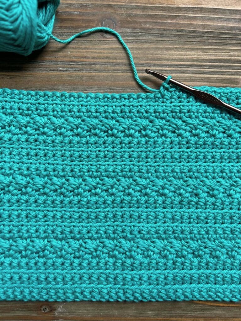 crochet project with hook and ball of yarn