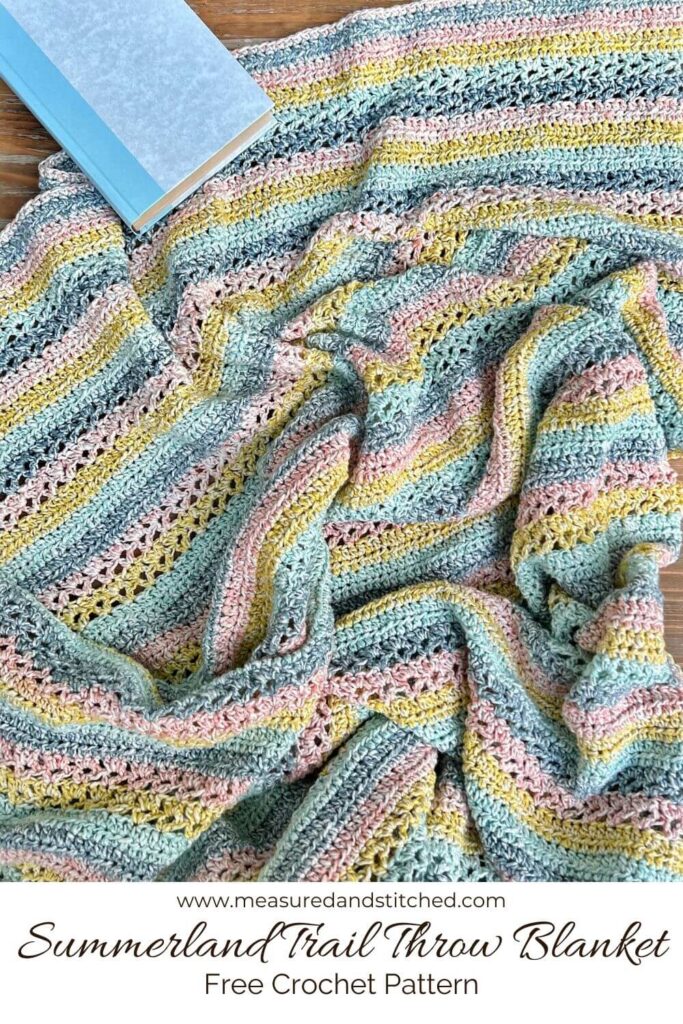 colorful lightweight cotton throw blanket with book, www.measuredandstitched.com, Summerland Trail Throw Blanket, Free Crochet Pattern