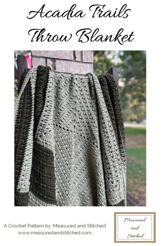 Square crochet throw blanket on blanket ladder, overlay text says "Acadia Trails Throw Blanket, A Crochet Pattern by Measured and Stitched, www.measuredandstitched.com". 