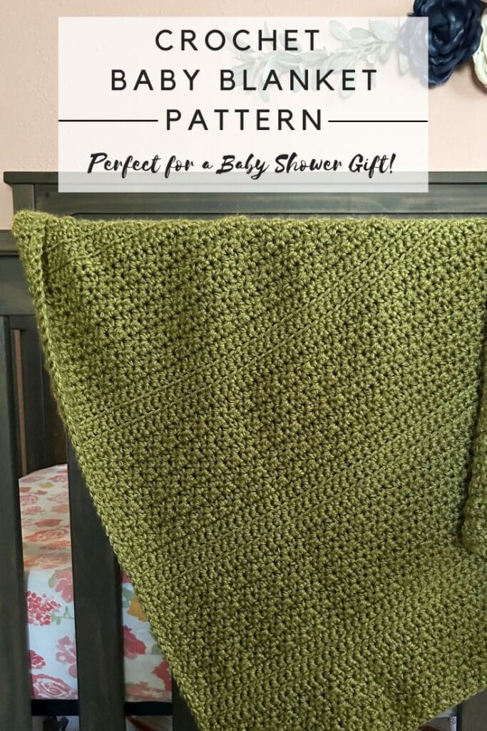 baby blanket laying over crib railing, overlay text says "crochet baby blanket pattern, perfect for a baby shower gift!, measuredandstitched.com"