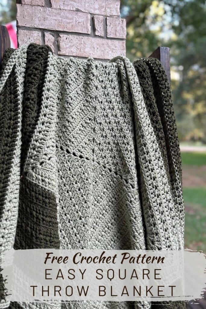 square crochet throw blanket on outdoor blanket ladder, overlay text says "Free Crochet Pattern, Easy Square Throw Blanket"