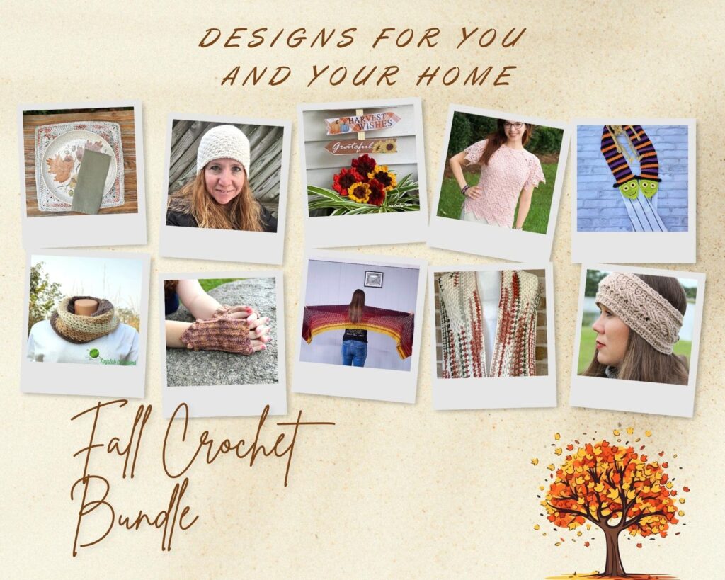 Collage of fall home decor and wearable crochet items, overlay text says "Designs for you and your home, Fall Crochet Bundle"