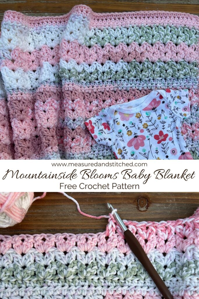 Easy Crochet Baby Blanket with cluster v-stitches made with pink, white, and green yarn, overlay text says "www.measuredandstitched.com, Mountainside Blooms Baby Blanket, Free Crochet Pattern"