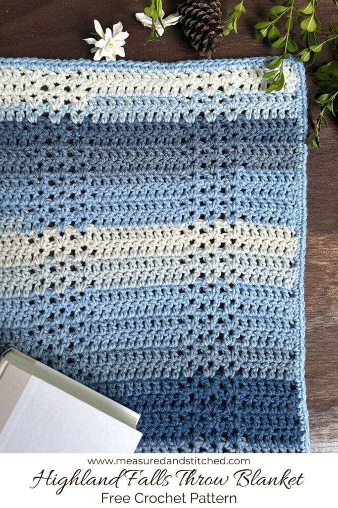 crochet throw blanket with v-stitch and double crochet, overlay text says "www.measuredandstitched.com, Highland Falls Throw Blanket, Free Crochet Pattern"