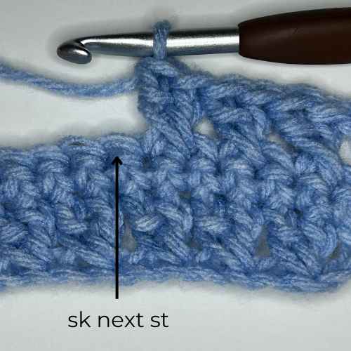 example of how to sk next st, overlay text says "sk next st"