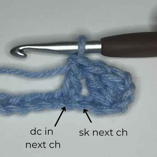 example of how to sk next ch, dc in next ch, overlay text says "sk next ch, dc in next ch"