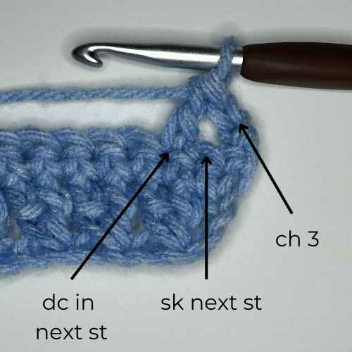 example of how to ch 3, sk next st, and dc in next st, overlay text says "ch 3, sk next st, dc in next st"