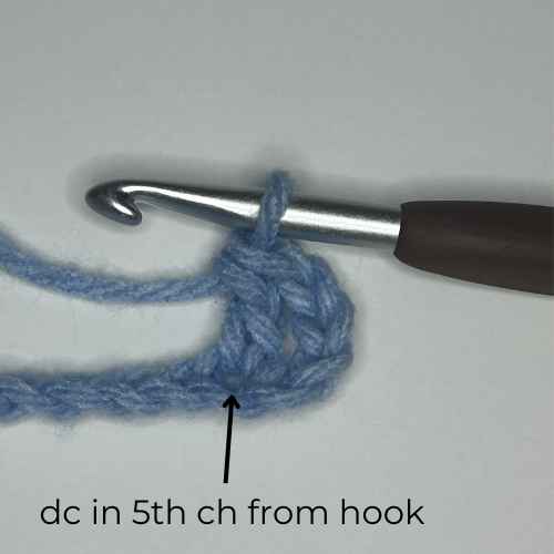 example of how to dc in 5th ch from hook, overlay text says "dc in 5th ch from hook"