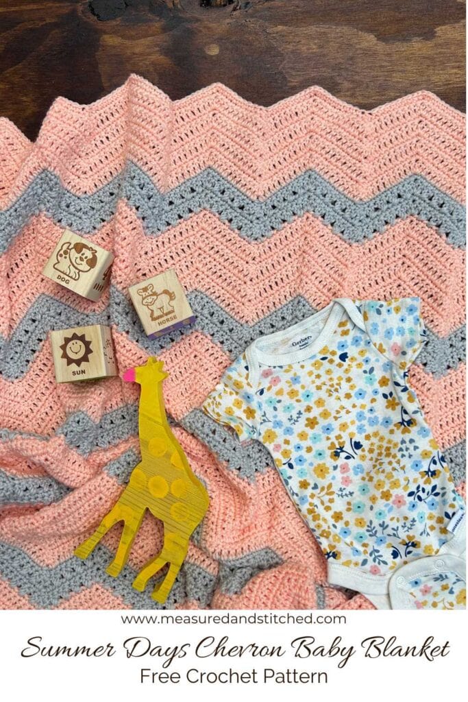 chevron baby blanket with baby toys and outfit, overlay text says "www.measuredandstitched.com, Summer Days Chevron Baby Blanket, Free Crochet Pattern"