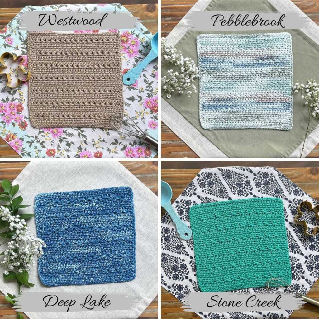 four dishcloths, overlay text says "Westwood, Pebblebrook, Deep Lake, Stone Creek"