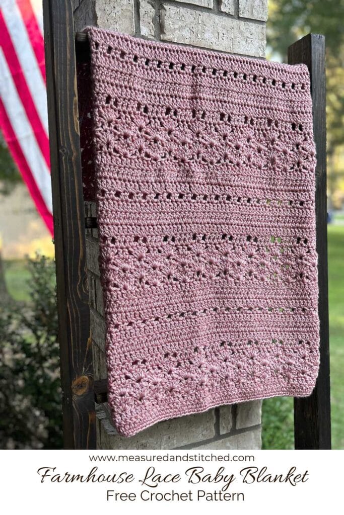 crochet baby blanket, overlay text reads "www.measuredandstitched.com, Farmhouse Lace Baby Blanket"
