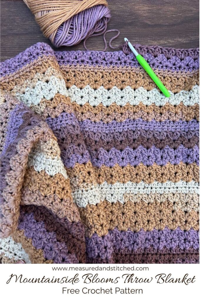 textured crochet project, overlay text reads "www.measuredandstitched.com, Mountainside Blooms Throw Blanket, Free Crochet Pattern"