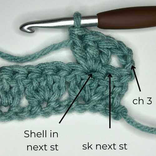 chain 3, skip next st, Shell in next stitch