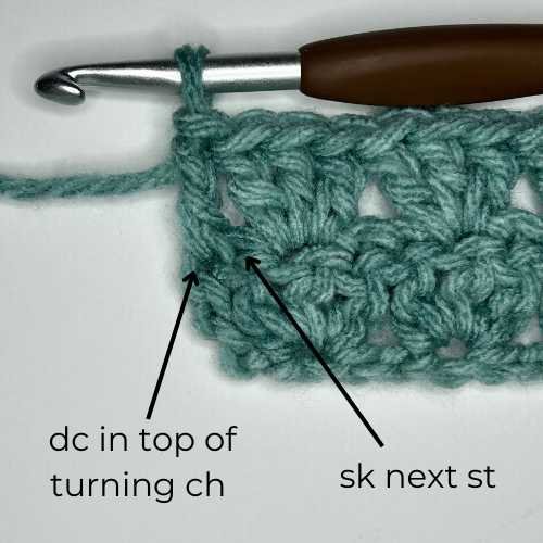 skip next stitch, double crochet in top of turning chain