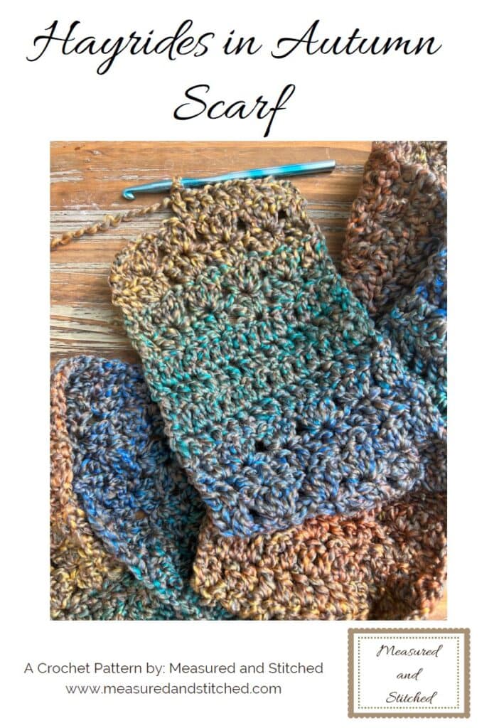 chunky scarf pattern cover photo, overlay text reads "Hayrides in Autumn Scarf, a crochet pattern by Measured and Stitched, www.measuredandstitched.com