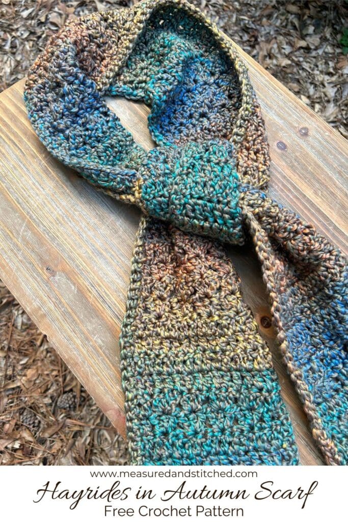 Fall crochet scarf, overlay text reads "www.measuredandstitched.com, Hayrides in Autumn Scarf, Free Crochet Pattern"