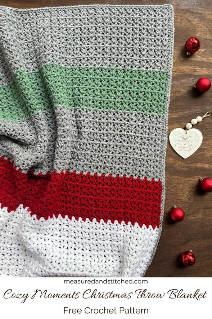 easy crochet christmas throw blanket, overlay text reads "measuredandstitched.com, Cozy Moments Christmas Throw Blanket, Free Crochet Pattern"