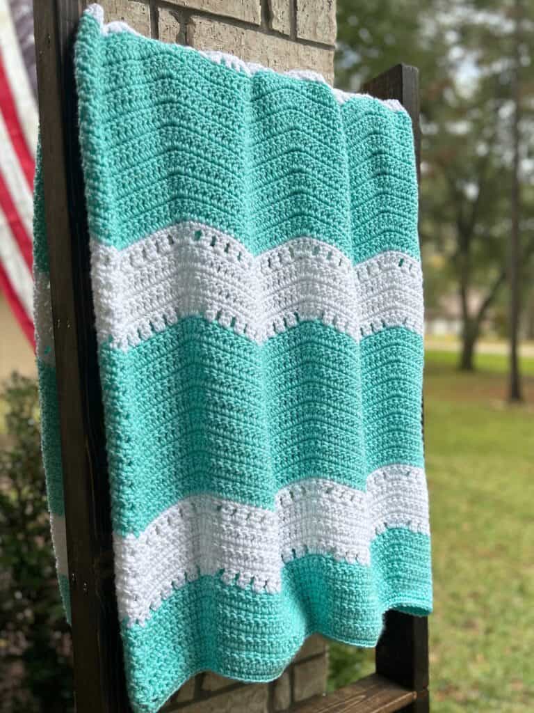 crochet ripple throw blanket on outdoor blanket ladder