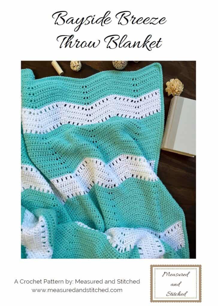 Bayside Breeze Throw Blanket Pattern Cover, text reads "Bayside Breeze Throw Blanket, A Crochet Pattern by Measured and Stitched"