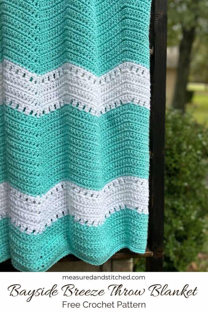 Crochet ripple throw blanket, text reads "measuredandstitched.com, Bayside Breeze Throw Blanket, Free Crochet Pattern"