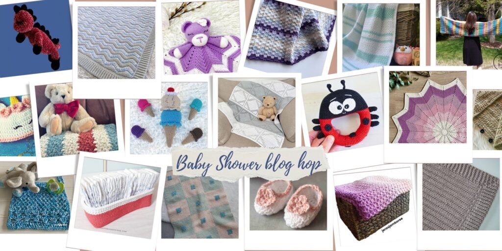 crochet items that you can make for baby showers, text reads "baby shower blog hop"