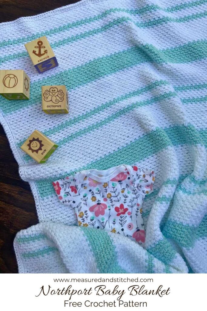 striped moss stitch baby blanket, text reads "www.measuredandstitched.com, Northport Baby Blanket, Free Crochet Pattern"