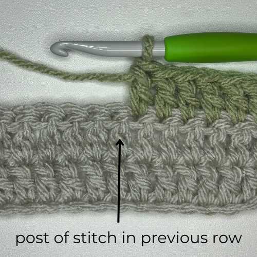 Tutorial photo showing the location of the post, text reads "post of stitch in previous row"