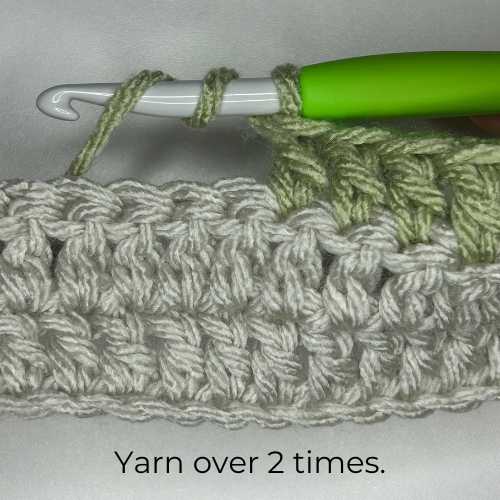 Tutorial Photo of yarn over 2 times, text reads "Yarn over 2 times."