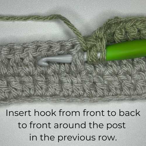 Tutorial photo 3 showing hook placement, text reads "Insert hook from front to back to front around the post in the previous row"