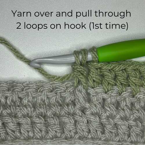 Tutorial Photo 6, text reads "Yarn over and pull through 2 loops on hook (1st time)