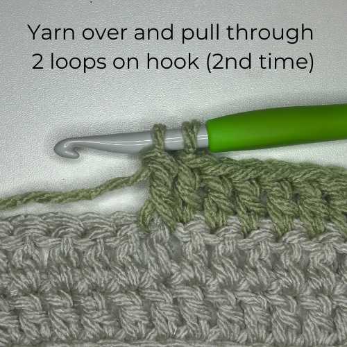 Tutorial Photo 7, text reads "Yarn over and pull through 2 loops on hook (2nd time)