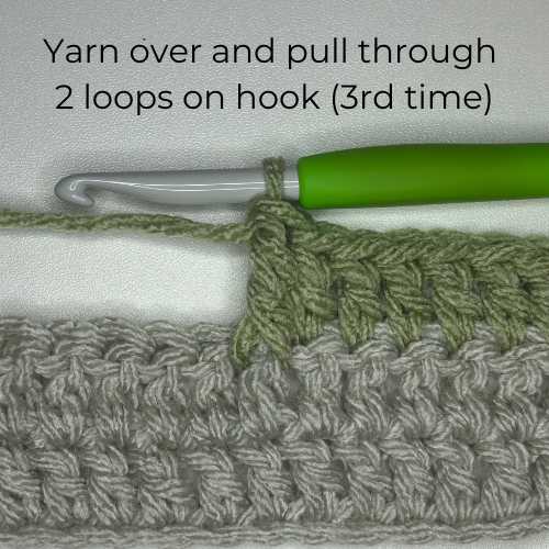 Tutorial Photo 8, text reads "Yarn over and pull through 2 loops on hook (3rd time)
