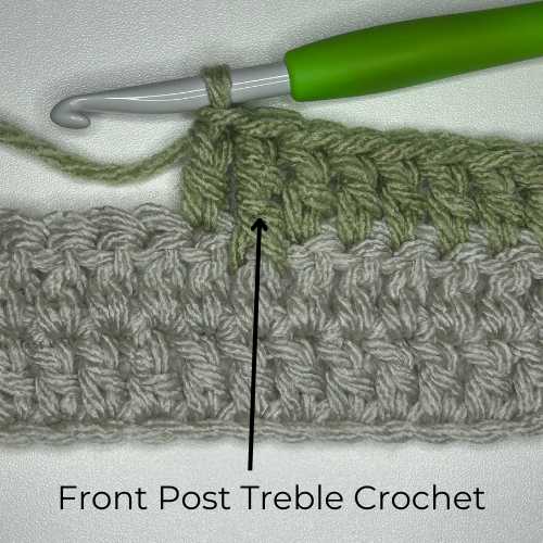 Tutorial Photo 9, picture of finished stitch, text reads "Front Post Treble Crochet"