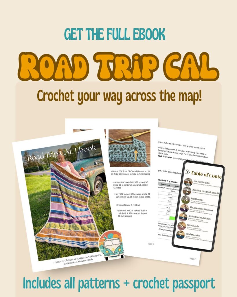 image of the Road Trip CAL ebook, text reads "Get the full e-book, Road Trip CAL, crochet your way across the map, includes all patterns + Crochet Passport"
