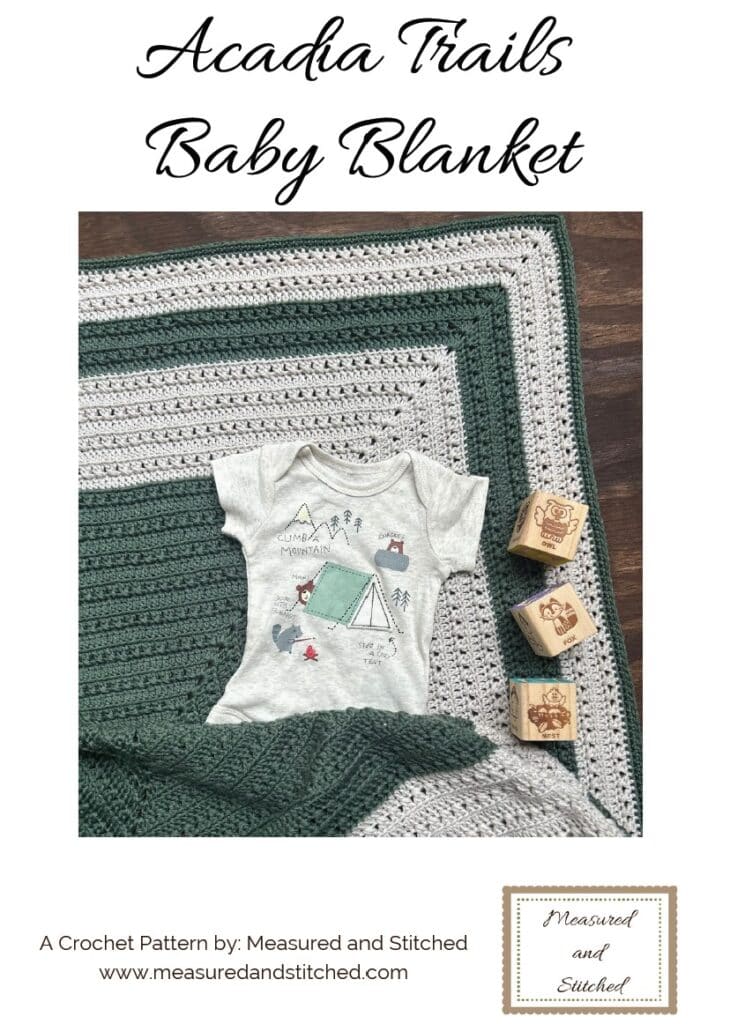 Acadia Trails Baby Blanket pattern cover, crossed double crochet baby blanket