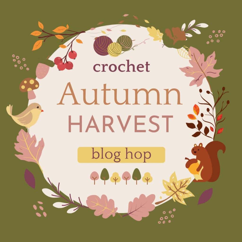 Autumn Harvest Blog Hop logo, text reads "crochet Autumn Harvest blog hop"